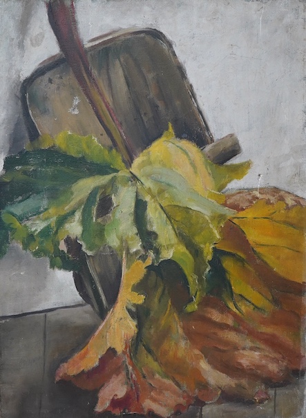 Modern British, oil on canvas, Still life of leaves, indistinctly monogrammed lower left, 67 x 50cm, unframed. Condition - fair